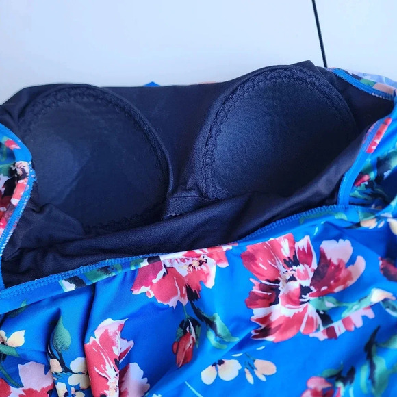 Ralph Lauren One Piece Swimsuit Off Shoulder Floral Blue Pink Print Sz 12 - Picture 11 of 16